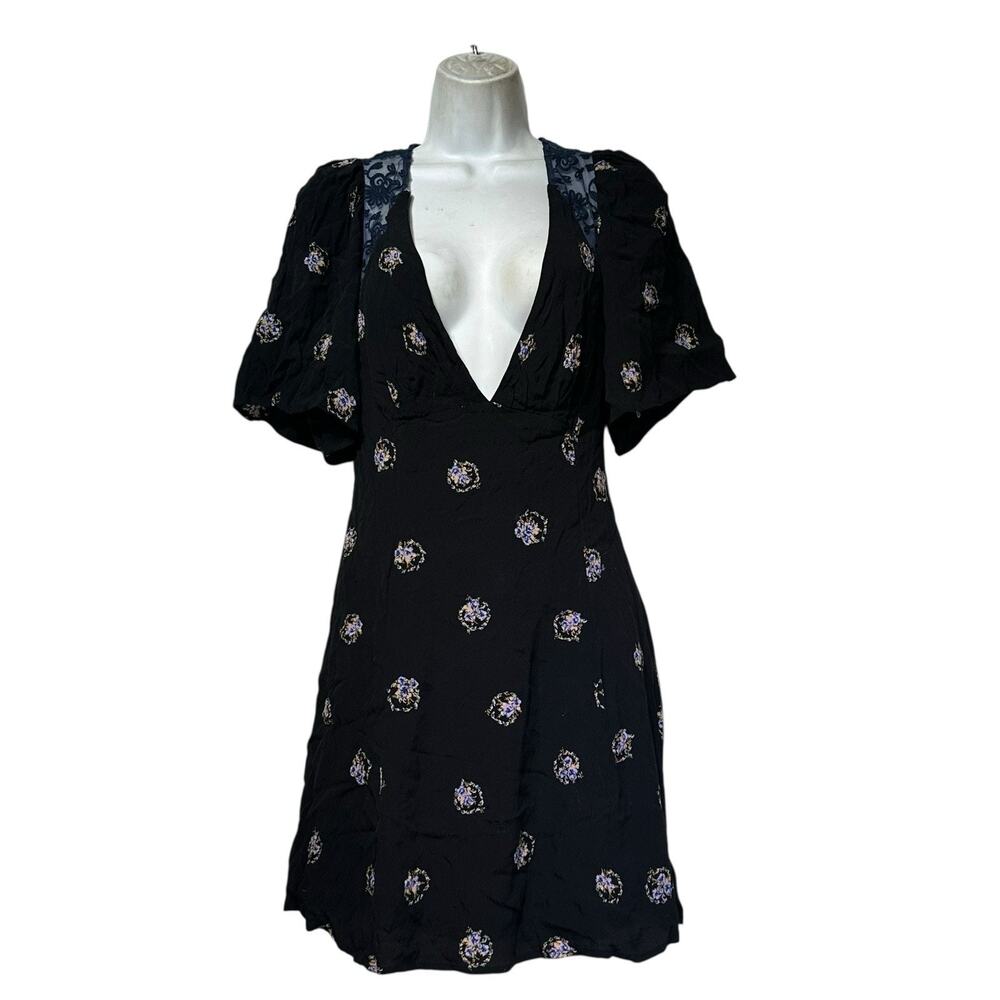 Free People Mockingbird Floral Print Black Embroidered Mini Tunic Dress Size 4